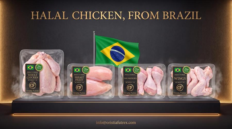 Oristia Futrex Halal Chicken from Brazil: whole chicken, breast fillet, drumsticks and wings
